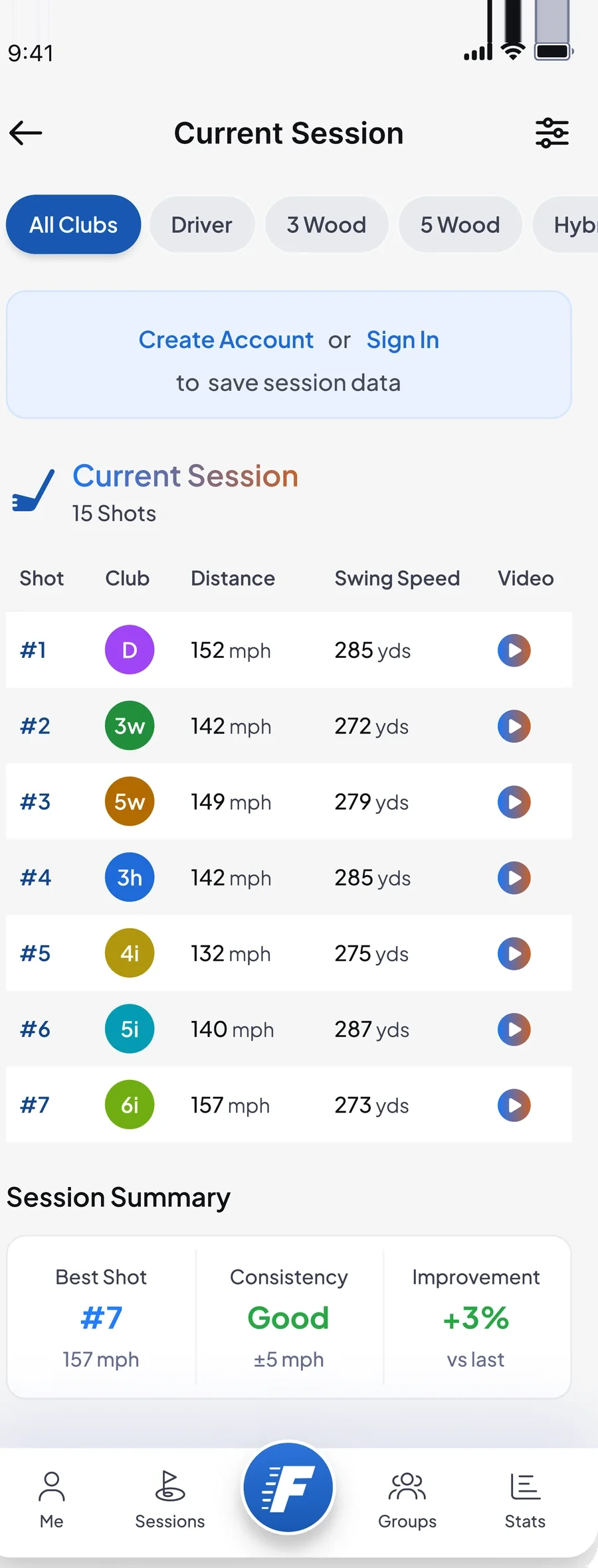 FLYTE current session screen listing each shot with club, distance and swing speed