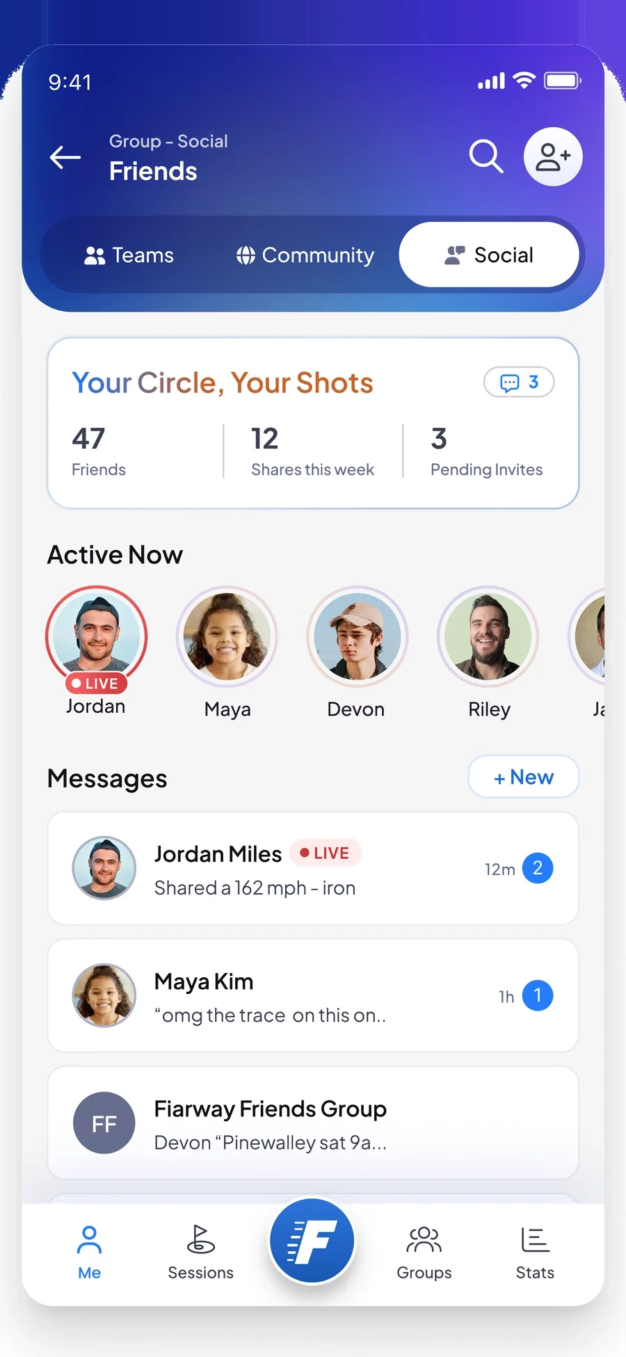 FLYTE friends screen showing who is active now and recent messages
