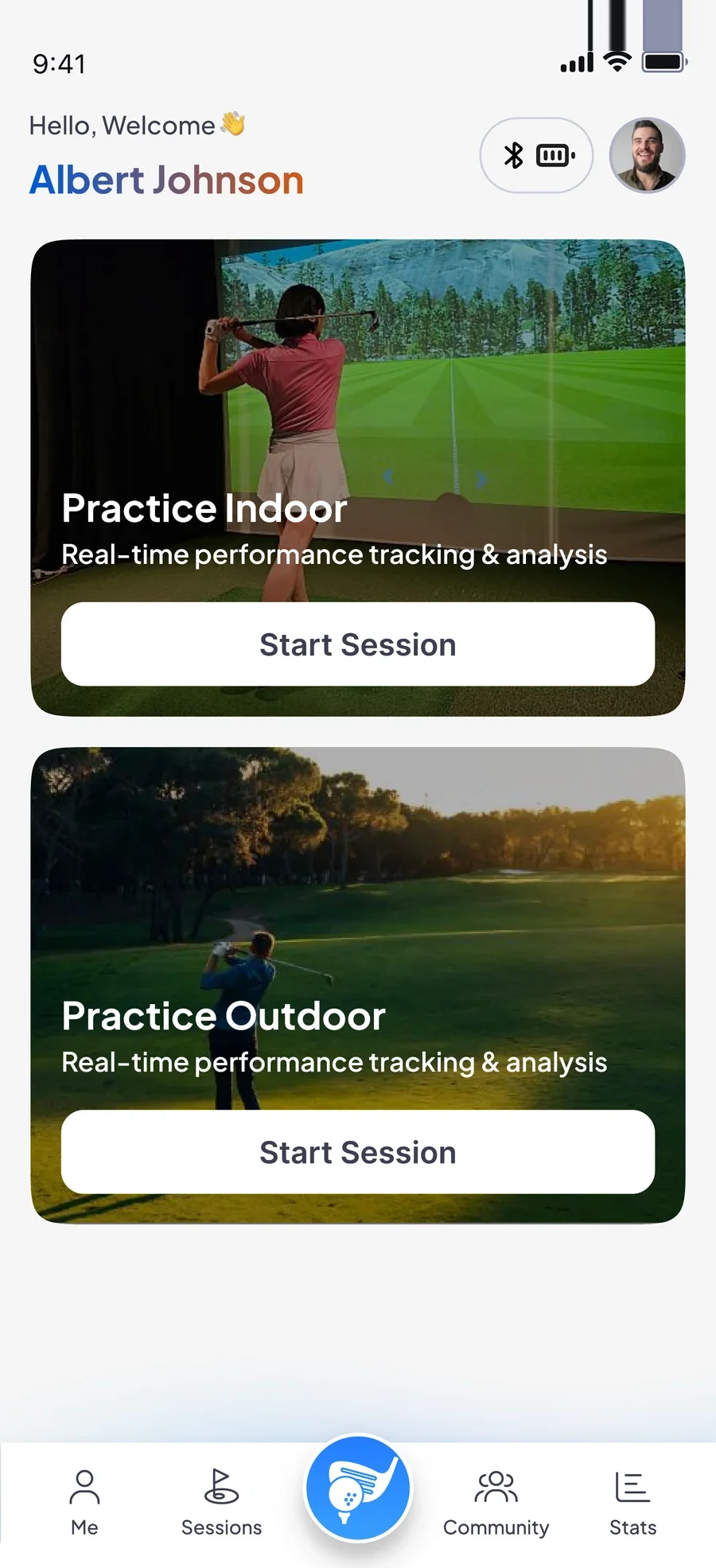FLYTE home screen with practice indoor and practice outdoor sessions