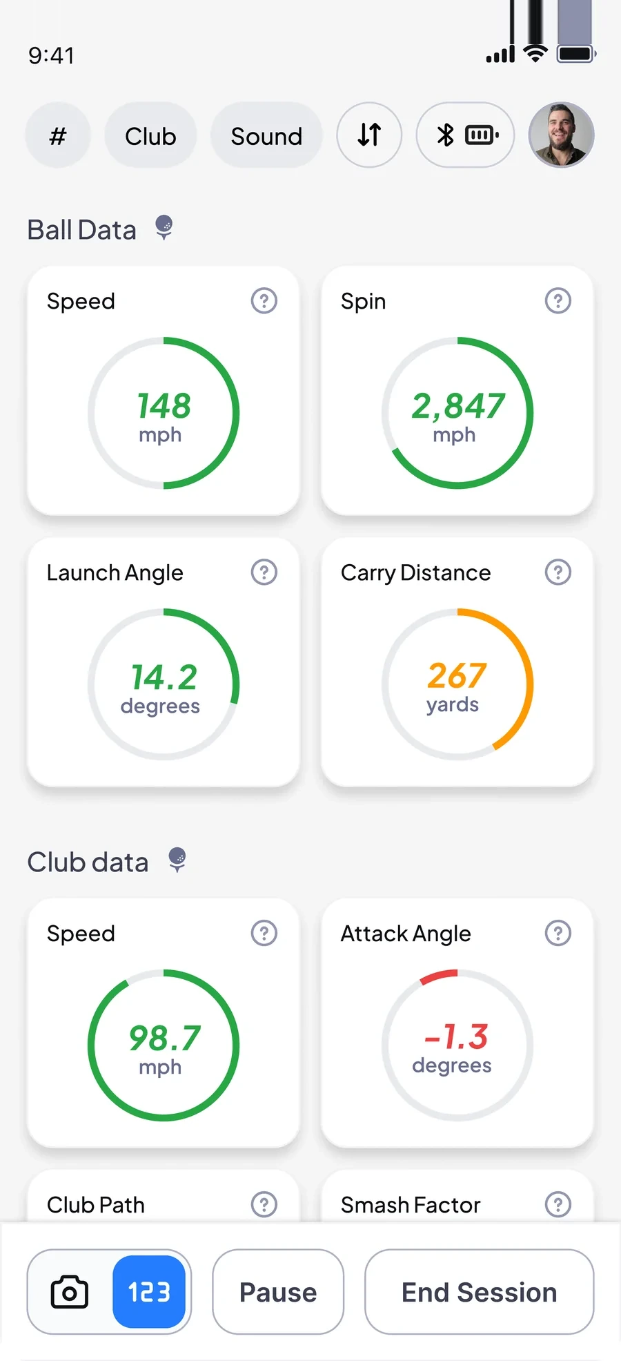 FLYTE live session screen with speed, spin, launch angle and carry distance gauges
