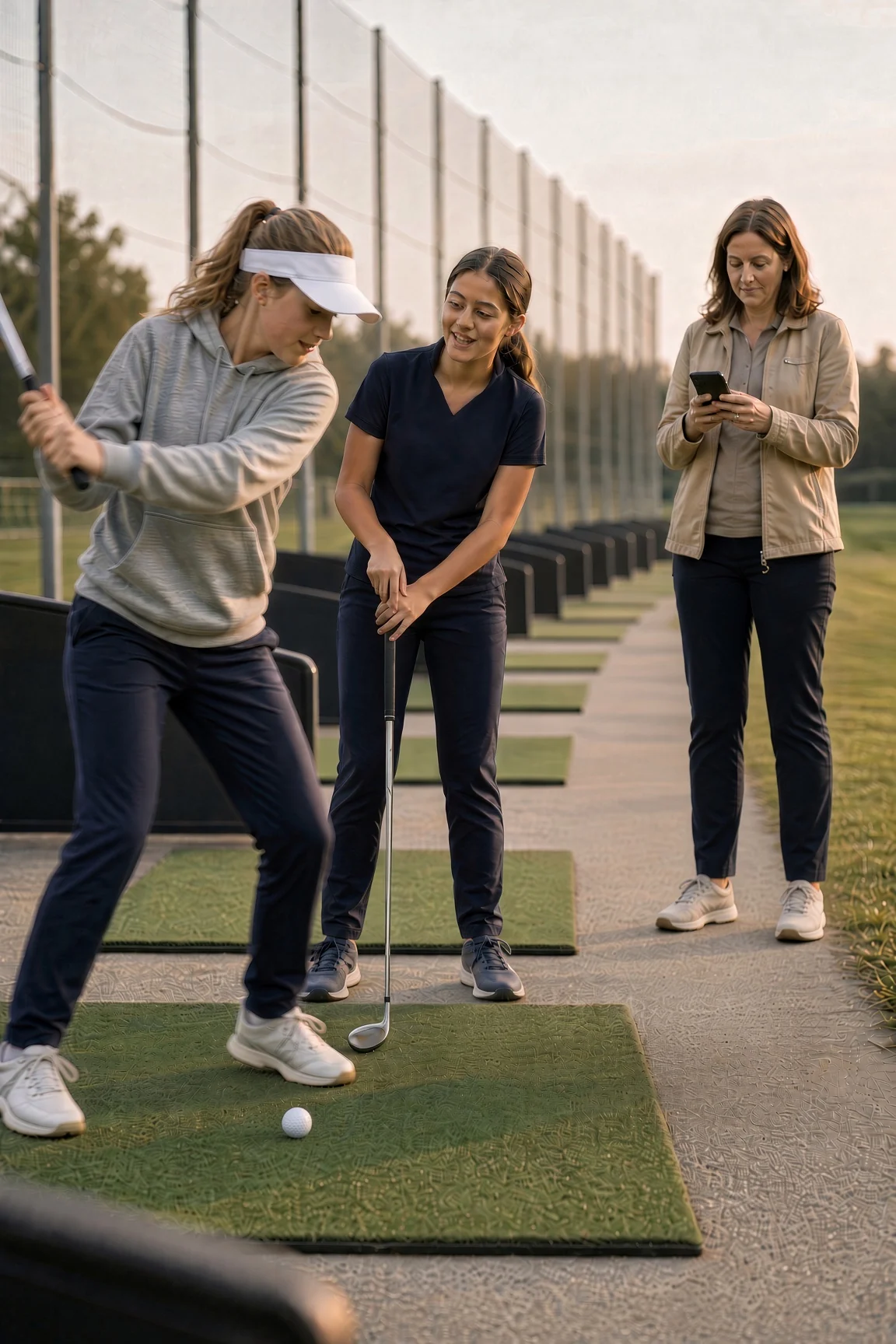 Two teenage girls practicing at a driving range bay while a parent checks her phone behind them
