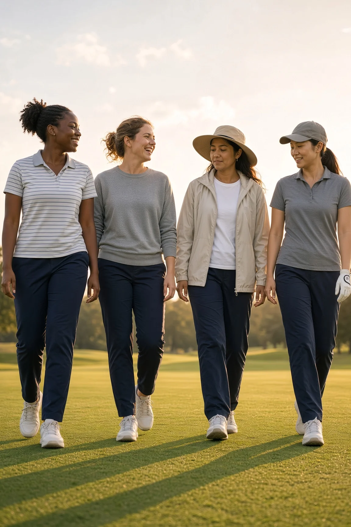Four women walking off the practice green together at golden hour, clubs over their shoulders