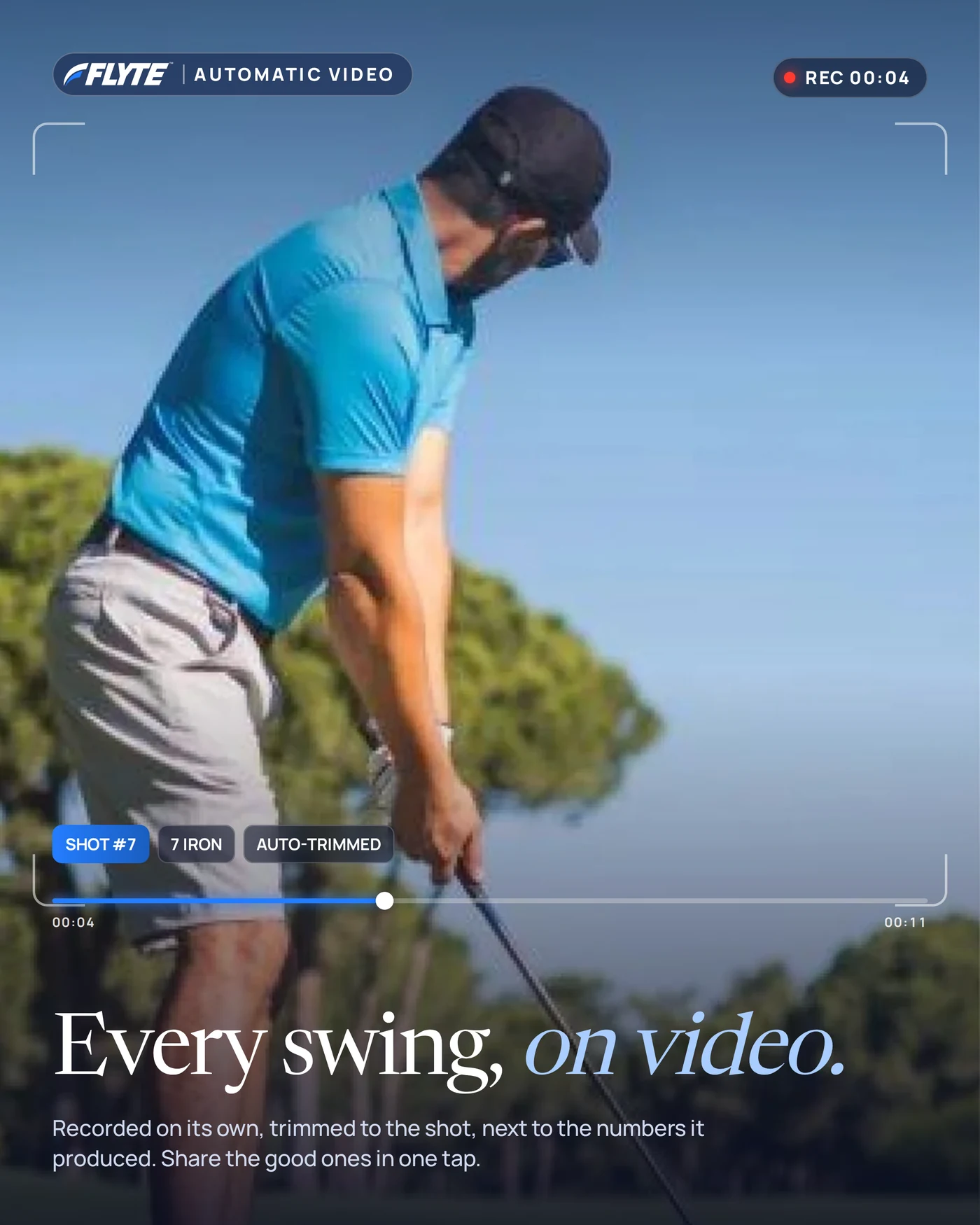 FLYTE automatic video: a golfer mid-swing at the range with a recording badge, shot 7 with a 7 iron, auto-trimmed