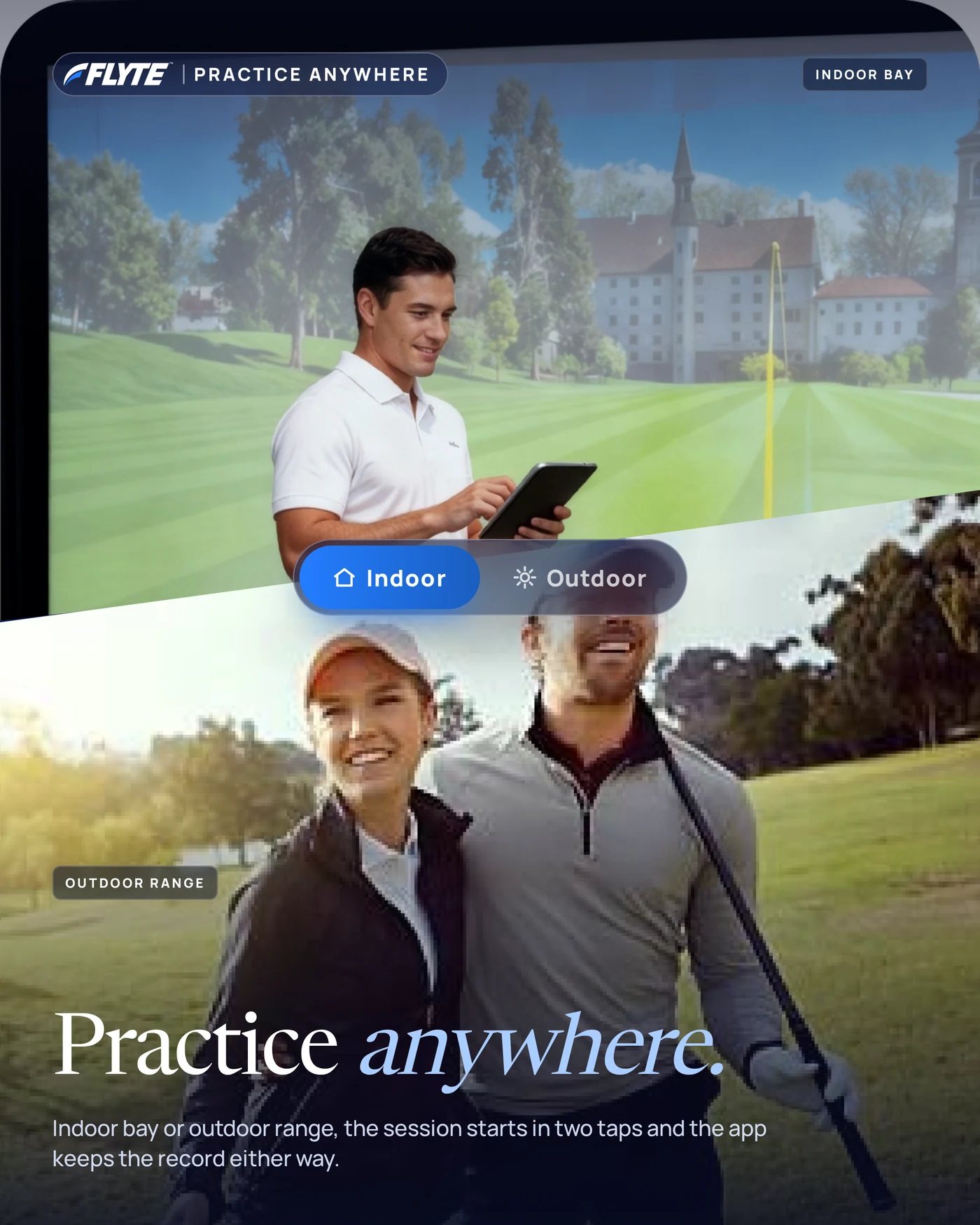 FLYTE practice anywhere: an indoor simulator bay above and an outdoor course below, with an indoor or outdoor toggle